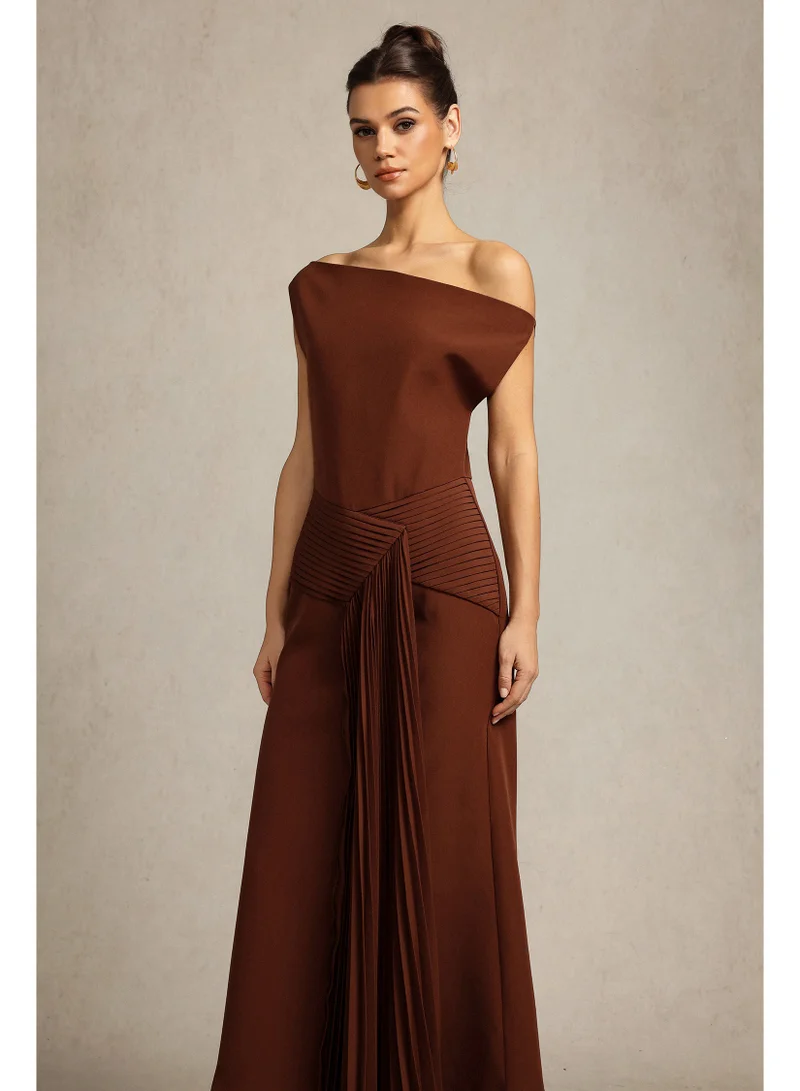 Bella Barnett  Paulina Oblique Shoulder Sleeveless Folds Brown Midi Dress for Women | Best Price UAE